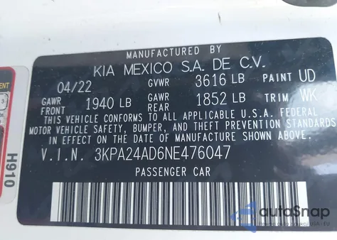 2022 Kia Rio S from USA, damaged, VIN 3KPA24AD6NE476047